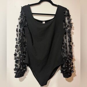 Elegant Black Bodysuit with Floral Mesh Sleeves